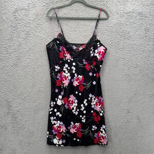 Black Floral Lace Trim Slip Mini‎ Dress Spaghetti Strap Nightgown L VTG 90s Cute